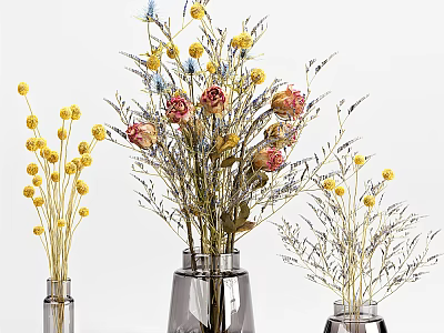 Decorative Colorful Flowers In Transparent Glass Vases With Yellow Pink Blue Blooms 3d model