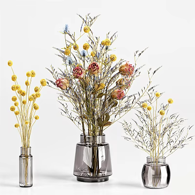 Decorative Colorful Flowers In Transparent Glass Vases With Yellow Pink Blue Blooms 3d model
