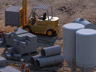 Construction Site Industrial Equipment Forklift Handling Gray Bricks Near Concrete Pipes And Storage Tanks 3d model