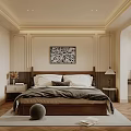 Elegant Bedroom Interior With Wooden Headboard Soft Bedding Nightstand Lamp And Decorative Artwork