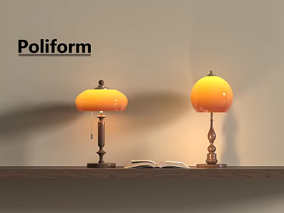Poliform Table Lamps With Orange Shade Brass Base On Wooden Shelf Open Book Warm Light 3d model