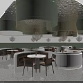 Modern Dining Table Set With Round Tables Brown Chairs Green Gold Pendant Lights Terrazzo Flooring