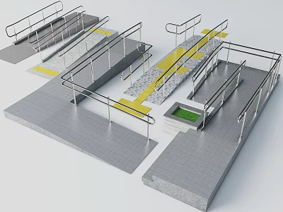Accessible Architectural Components With Wheelchair Ramp Stainless Steel Handrails Yellow Tactile Paving And Floor Drainage 3d model