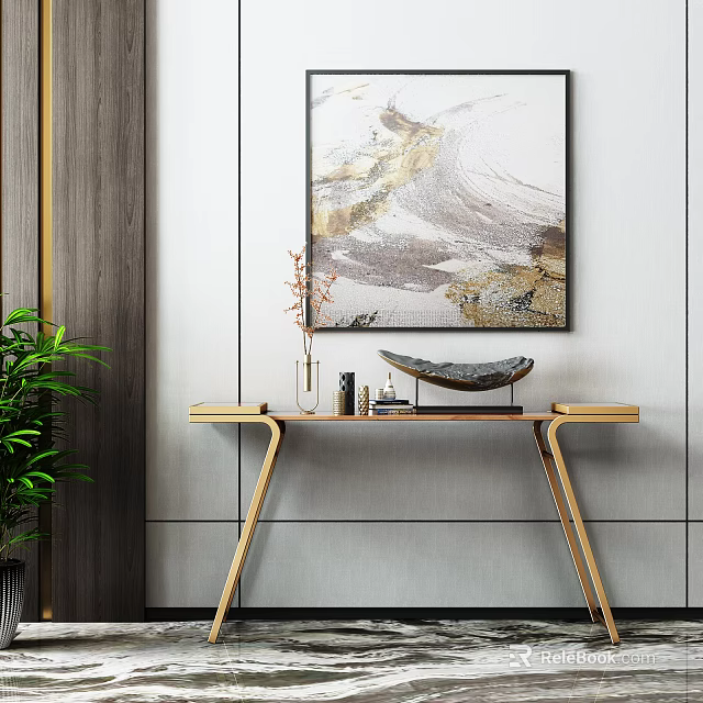 Wooden Console Table In Modern Entryway With Abstract Art And Green Plant 3d model 