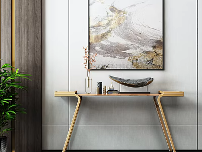Wooden Console Table In Modern Entryway With Abstract Art And Green Plant 3d model