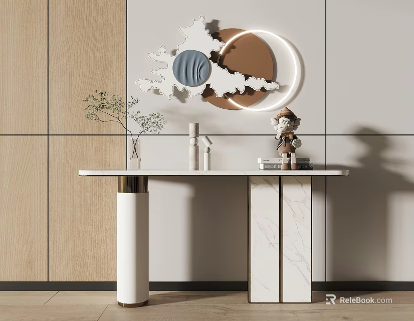 Modern Console Table With Marble Base Decorative Mirror And Green Plant Ornaments 3d model