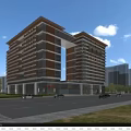Modern Hospital Building Exterior Design With Urban Street And Greenery