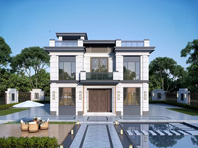 Two Story Modern Detached Villa With Spacious Courtyard Stone Pathway Water Feature And Greenery 3d model