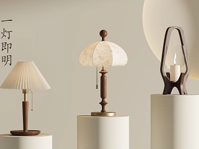 Stylish Table Lamps Featuring Pleated Patterned Shades Candle Design And Wooden Bases For Home Decor 3d model