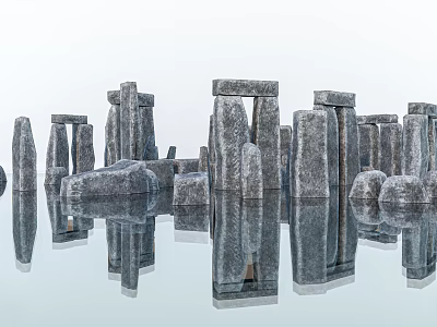 Modern Stone And Wood Decorative Structures With Symmetric Arrangement And Water Reflections 3d model