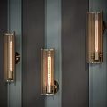 Modern Industrial Wall Lamps with Exposed Bulbs on Dark Striped Wall Emitting Warm Light