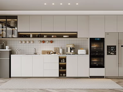 Modern Pantry Interior With White Cabinets Coffee Machine Oven Countertop And Refrigerator 3d model