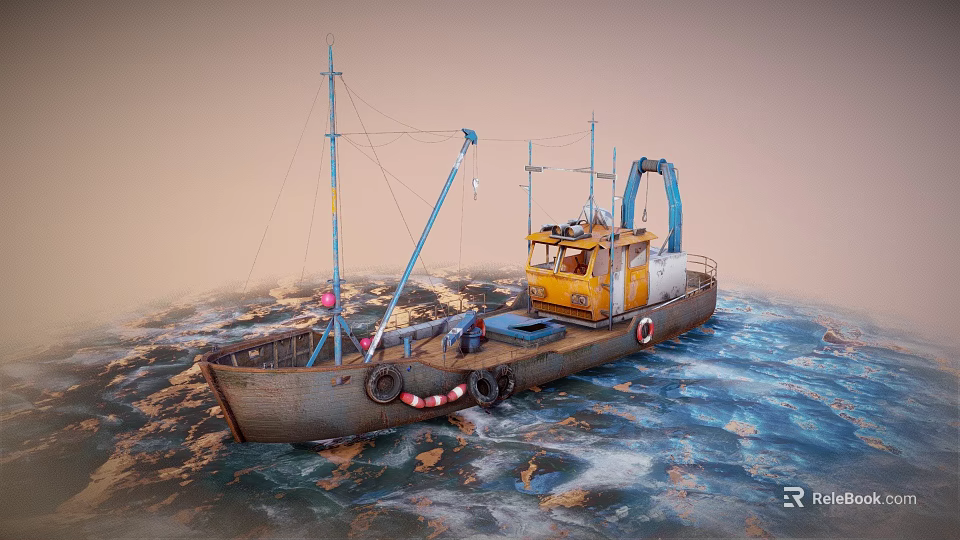 Wooden Boat With Yellow Cabin And Blue Equipment Sailing On Sea Waves Under Orange Sky 3d model 