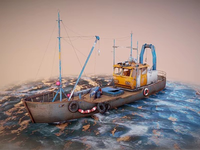 Wooden Boat With Yellow Cabin And Blue Equipment Sailing On Sea Waves Under Orange Sky 3d model