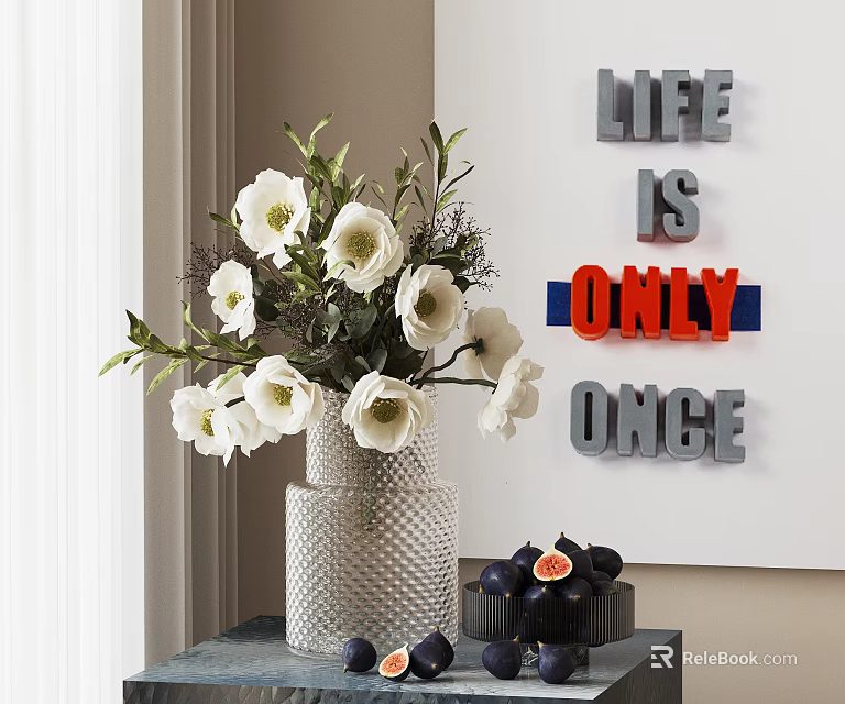 White Flowers In Silver Textured Vase With Figs Decorative Wall Letters And Natural Light 3d model 
