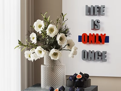 White Flowers In Silver Textured Vase With Figs Decorative Wall Letters And Natural Light 3d model