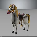 Cartoon Style White Toy Horse with Pink Nose Blond Mane and Purple Saddle