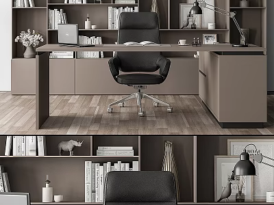 Modern Office Desk Setup With Built in Bookshelves Desk Lamp And Office Chair 3d model