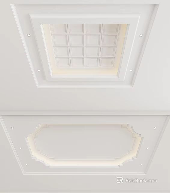 White Modern Ceiling Design With Decorative Moldings Geometric Patterns And Recessed Lights 3d model 