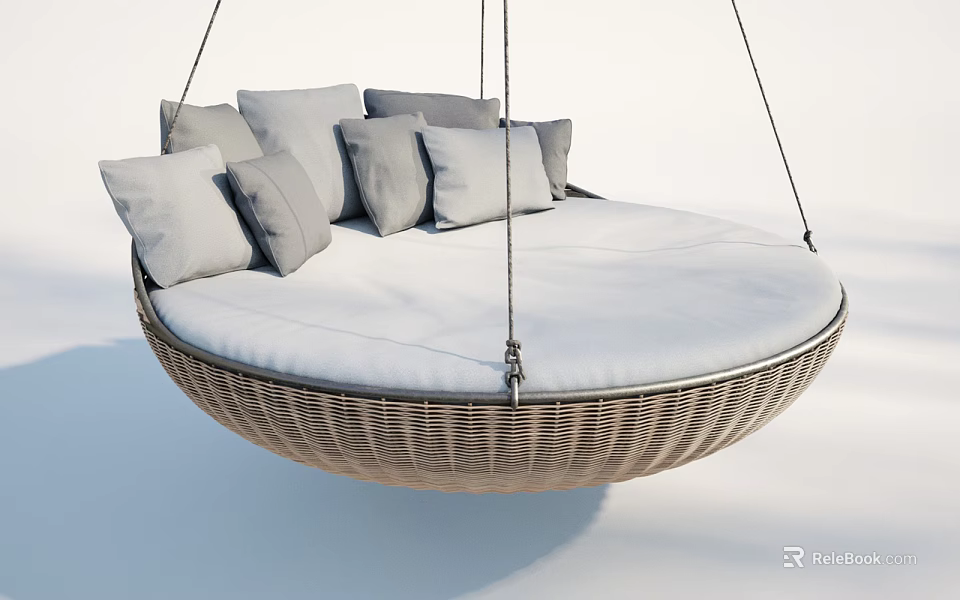 Hanging Round Wicker Hammock With Soft White Cushion And Gray Pillows 3d model 