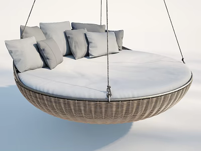Hanging Round Wicker Hammock With Soft White Cushion And Gray Pillows 3d model