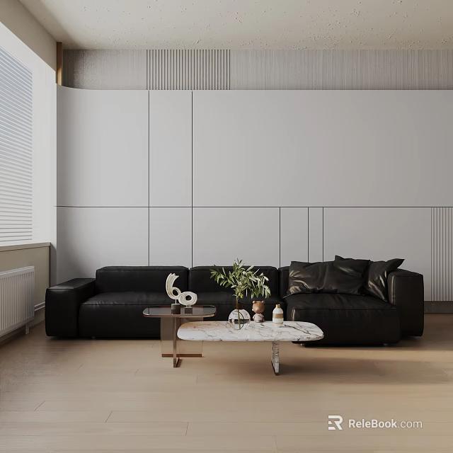 Black Three Seater Sofa In Modern Living Room With Marble Coffee Table And Green Plant 3d model 