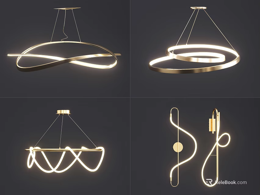 Modern Golden Chandeliers With Curved And Circular Designs For Interior Decoration 3d model 