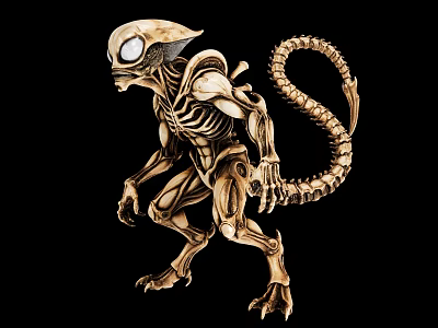 Golden Alien Creature Character Featuring Skeleton Structure Large Eye And Long Tail 3d model