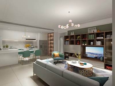 Modern Dining and Living Room Interior With Open Concept Sofa Coffee Table TV Cabinet Plants 3d model