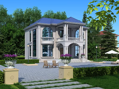 Elegant Detached Villa With Blue Roof Large Windows Balconies Green Trees Lawn And Stone Pathway 3d model
