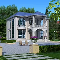 Elegant Detached Villa With Blue Roof Large Windows Balconies Green Trees Lawn And Stone Pathway