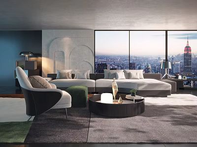 Modern Living Room Interior Sofa and Coffee Table Set With City View and Area Rug 3d model