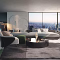 Modern Living Room Interior Sofa and Coffee Table Set With City View and Area Rug