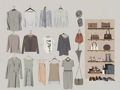 Stylish Women's Clothing Collection Featuring Dresses Coats Tops And Accessories Like Bags Hats Shoes 3d model