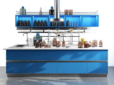 Blue Functional Table With Upper Shelves Lower Cabinets Bottles And Faucet For Lab Work 3d model