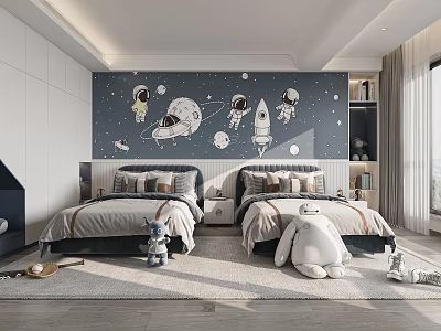 Modern Kids Room With Space Themed Wall Twin Beds And Plush Toys 3d model