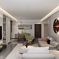 Modern Living Dining Room With Beige Sofa Coffee Table TV Round Decorative Painting And Plant