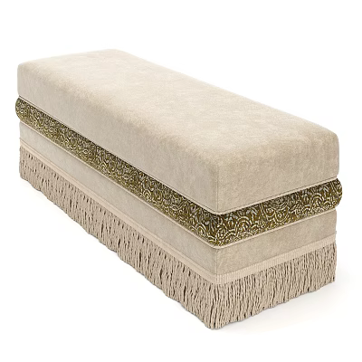 Elegant Beige Padded Ottoman Bench With Green Patterned Band And Fringe Trim 3d model
