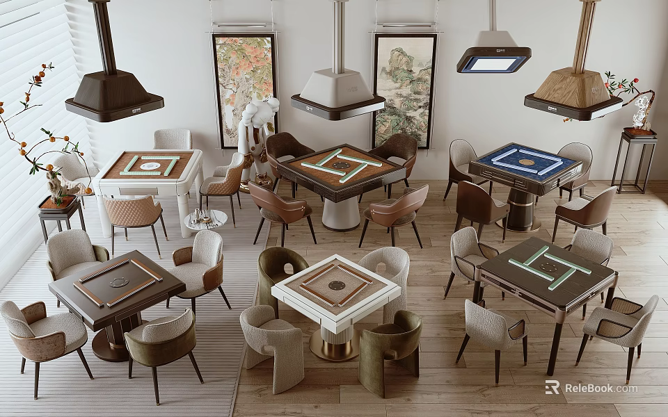 Modern Entertainment Tables With Comfortable Chairs Hanging Lights And Decorative Paintings 3d model