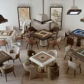 Modern Entertainment Tables With Comfortable Chairs Hanging Lights And Decorative Paintings 3d model