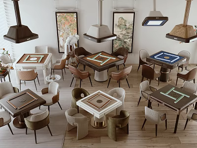 Modern Entertainment Tables With Comfortable Chairs Hanging Lights And Decorative Paintings 3d model