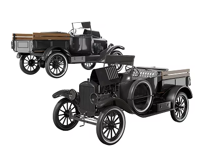 Vintage Black Open Top Trucks With Wooden Cargo Beds And Classic Design 3d model