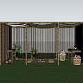 Outdoor Bamboo Pergola With Shade Canopy Green Grass And Potted Plants