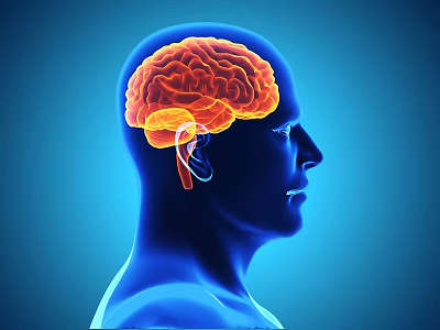 Detailed Anatomical View of Human Head with Brain and Inner Ear Structures on Blue Background 3d model