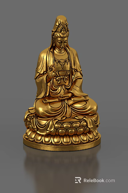 Intricate Golden Buddha Sculpture Carving With Detailed Clothing And Lotus Base 3d model 