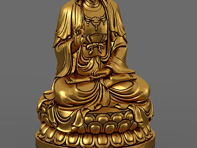 Intricate Golden Buddha Sculpture Carving With Detailed Clothing And Lotus Base 3d model