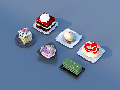 Assorted Sweet Treats With Red Velvet Cake Pink Donut Matcha And Cream Desserts 3d model