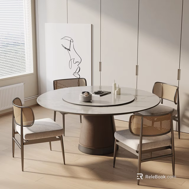 Round Marble Top Dining Table Set With Rotating Tray And Wicker Backrest Chairs 3d model 