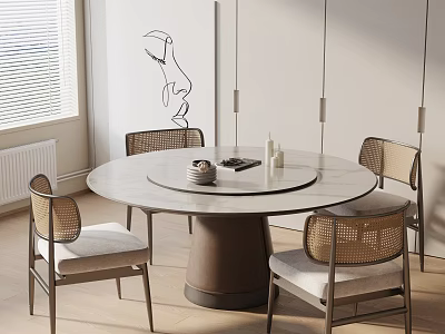 Round Marble Top Dining Table Set With Rotating Tray And Wicker Backrest Chairs 3d model