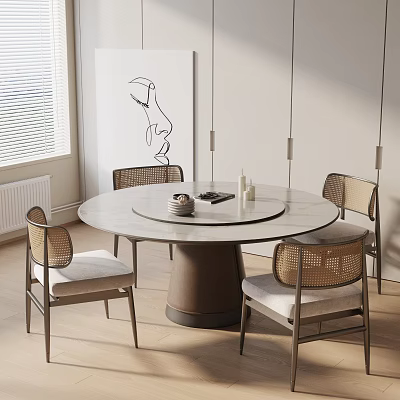 Round Marble Top Dining Table Set With Rotating Tray And Wicker Backrest Chairs 3d model
